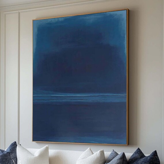Deep Navy Blue Abstract Painting Soft Horizon Band Modern Minimalist Art