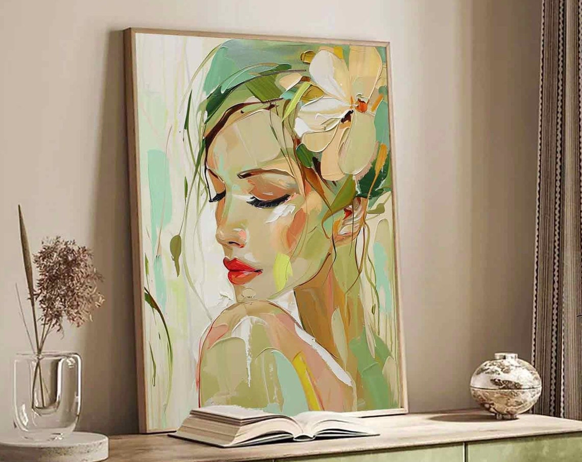 Abstract Woman Profile Red Lips White Flower Green Texture Wall Poster - Image 2