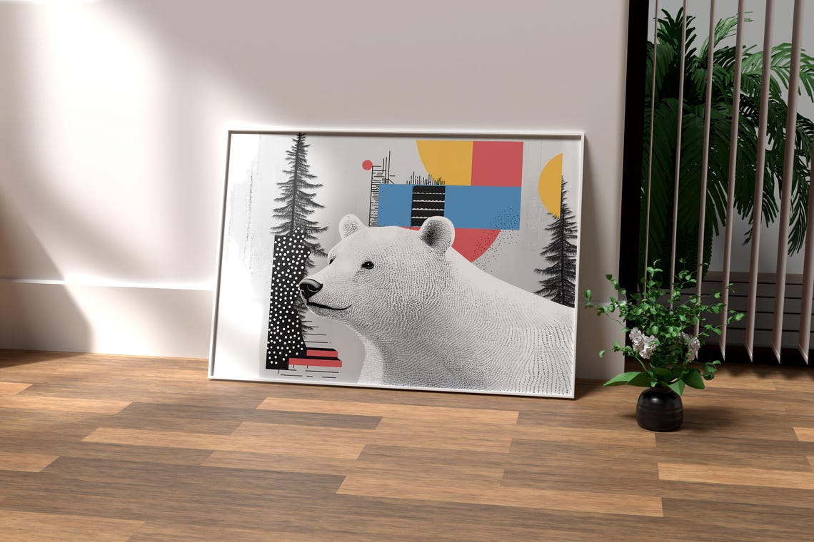 Modern Polar Bear Collage Art Print Abstract Geometric Wildlife Illustration Minimalist Wall Decor - Image 2