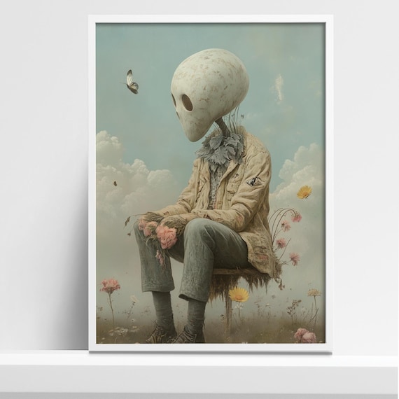 Surreal Skull Figure Sitting in a Dreamy Flower Field Poster