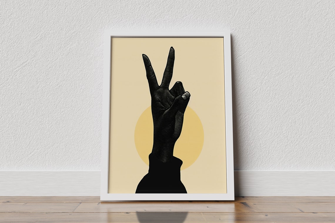 Black Hand Peace Sign on Cream With Yellow Sun Minimalist Poster - Image 3