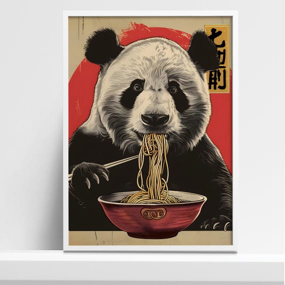 Panda Noodle Art Print Japanese Edo Art Wall Decor Cute Panda Bear Eating Ramen Asian Pop Culture Poster Kitchen Or Dining Room Art