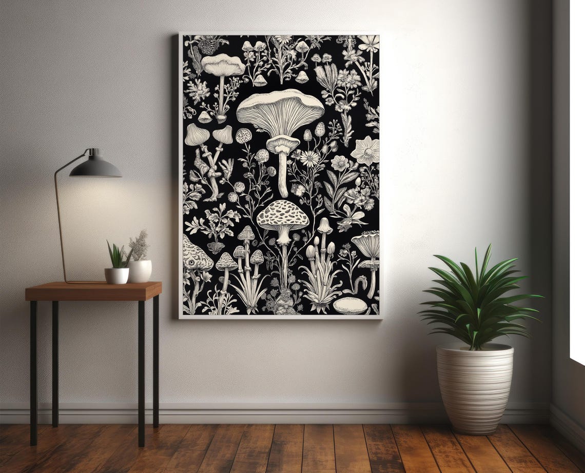 Botanical Mushroom and Wildflower Illustration on Black Poster - Image 2