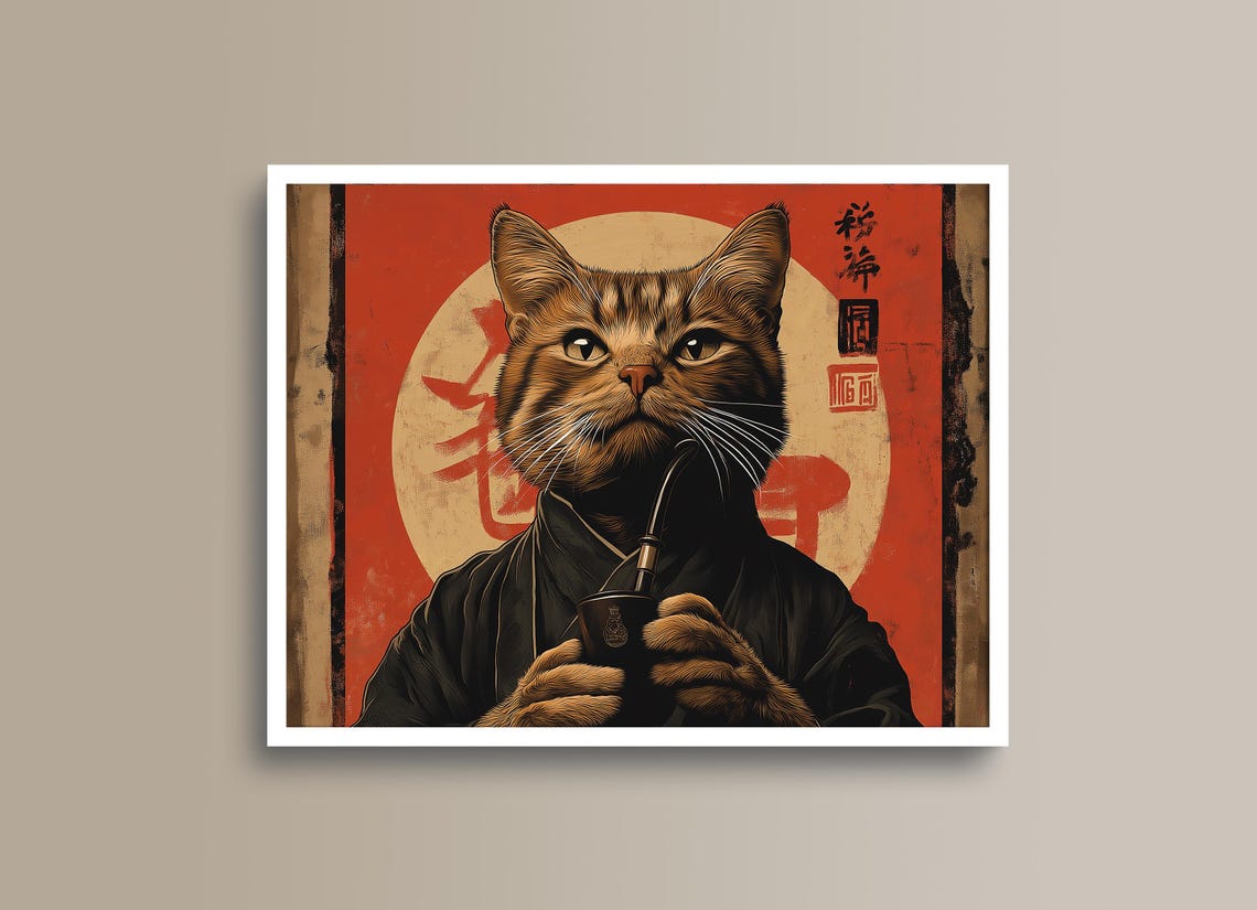 Orange Tabby Cat in Black Kimono Smoking a Pipe Edo Style Poster - Image 2