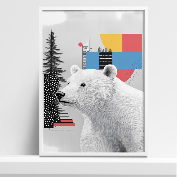 Modern Polar Bear Collage Art Print Abstract Geometric Wildlife Illustration Minimalist Wall Decor