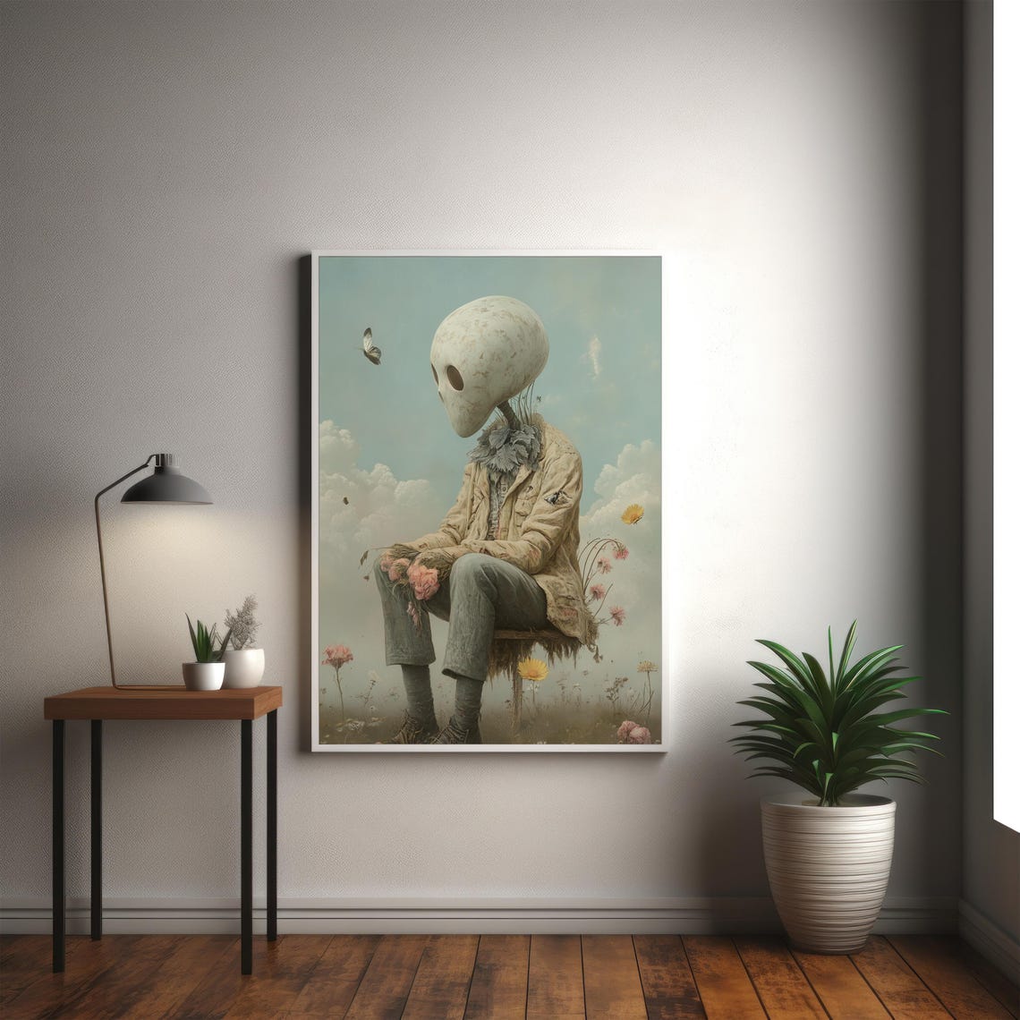Surreal Skull Figure Sitting in a Dreamy Flower Field Poster - Image 3