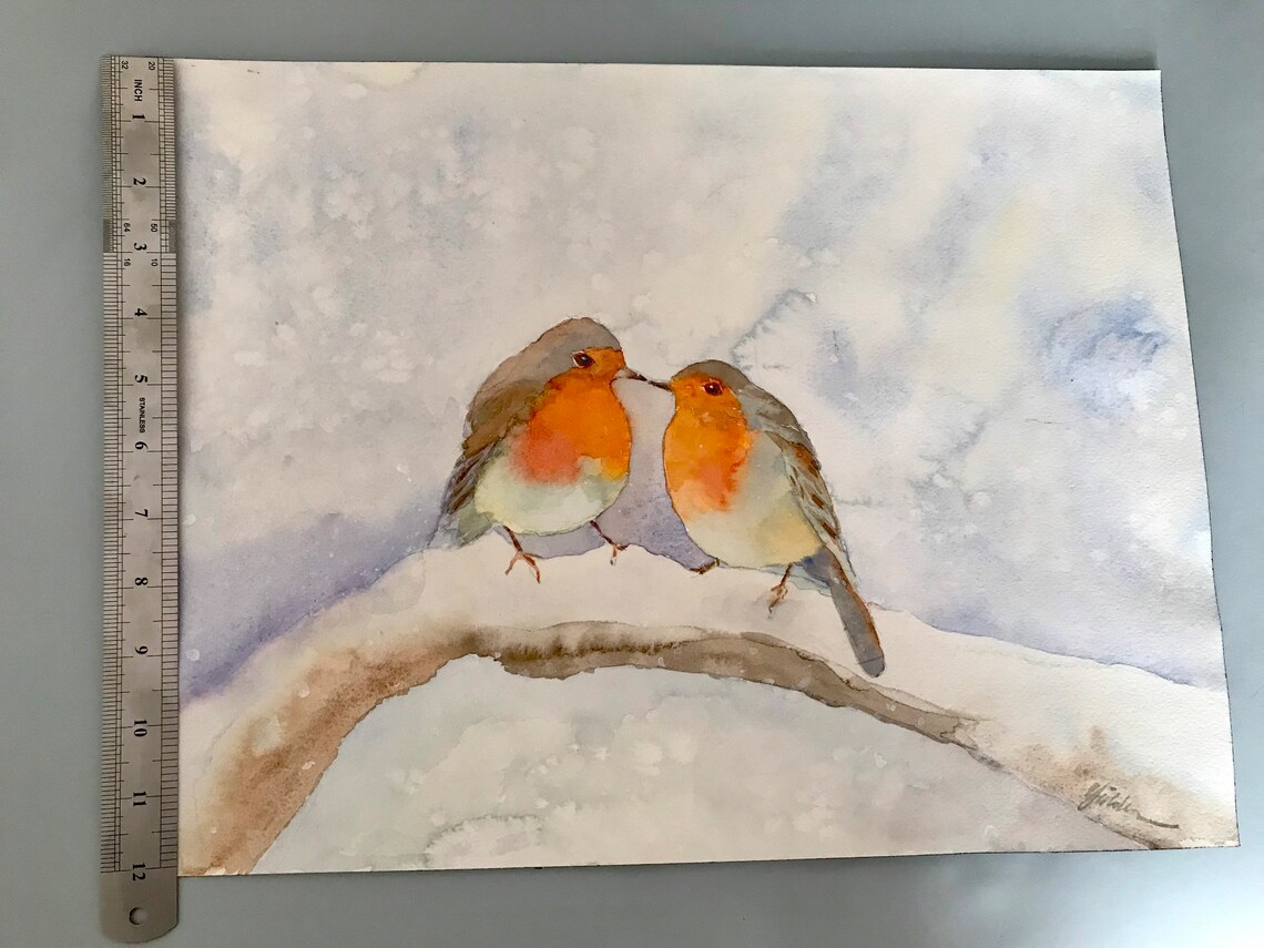Two European Robins on a Snowy Branch Winter Watercolor Poster - Image 5