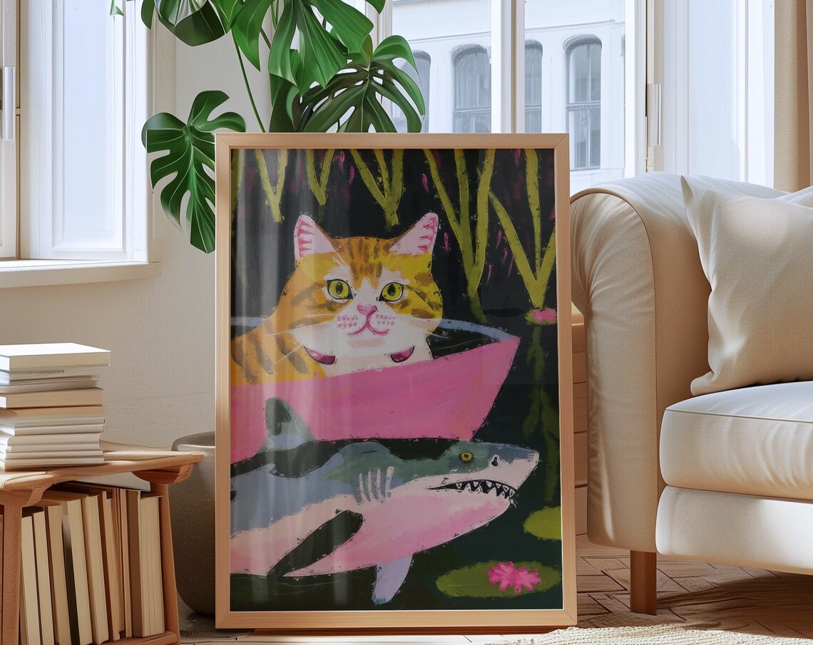 Orange Tabby Cat In Pink Tub With A Friendly Shark Playful Art Poster