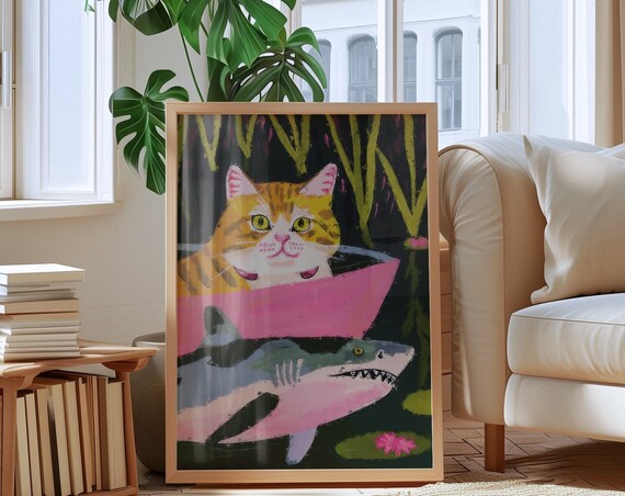 Orange Tabby Cat In Pink Tub With A Friendly Shark Playful Art Poster