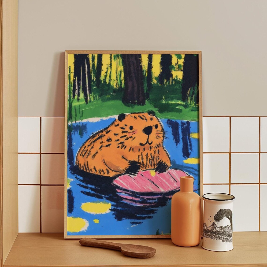 Orange Beaver Floating On A Pink Lily Pad In Blue Water Poster
