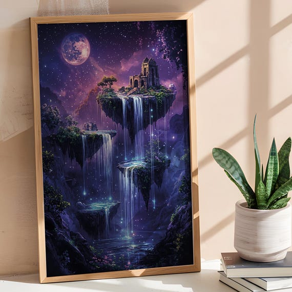 Floating Islands Art Print Enchanted Waterfalls Celestial Castle Fantasy Wall Dcor