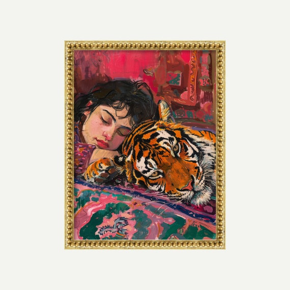Eclectic Tiger With Girl Print Matisse Style Art Maximalist Dopamine Decor