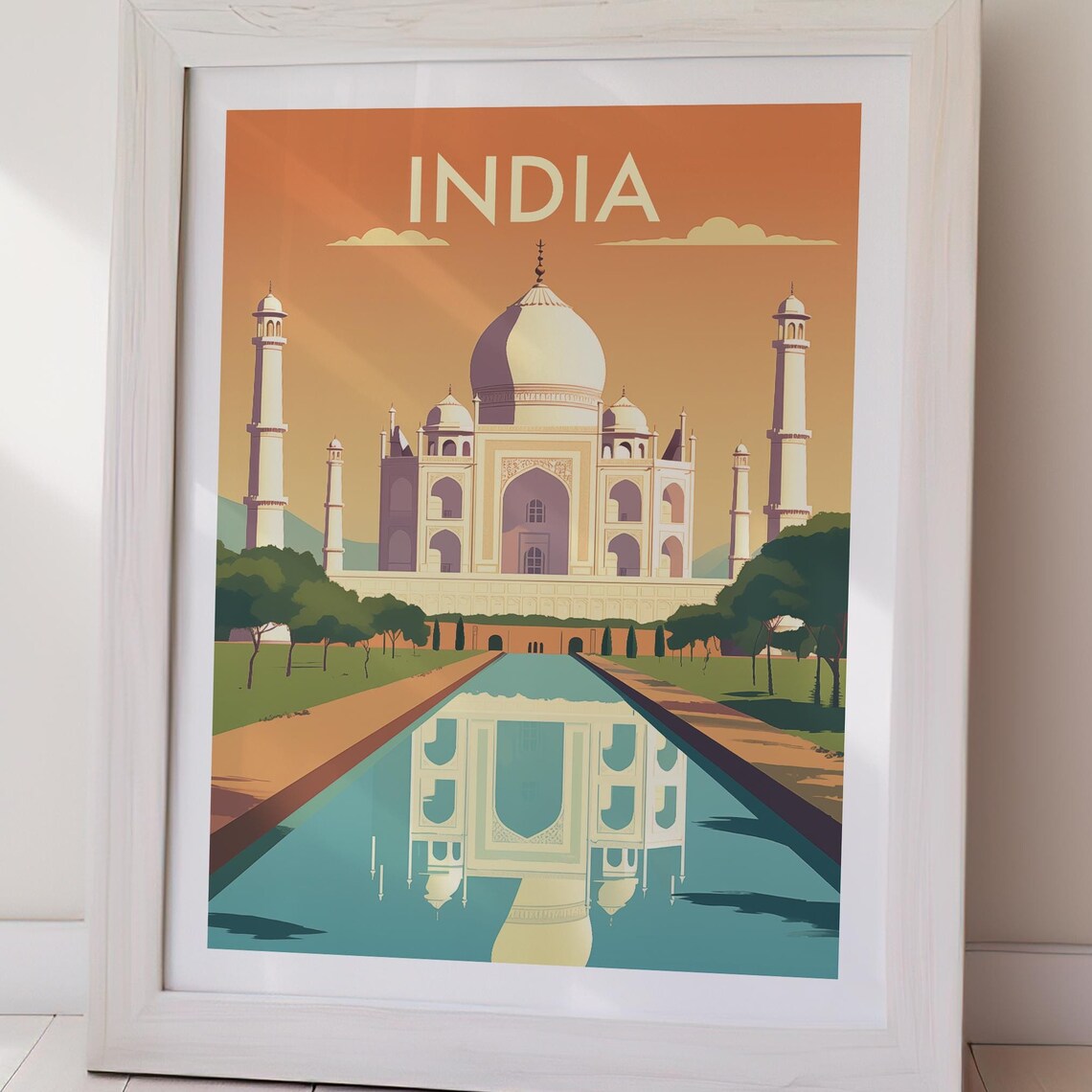 India Taj Mahal Orange Sunset Reflection Retro Travel Poster - Image 2