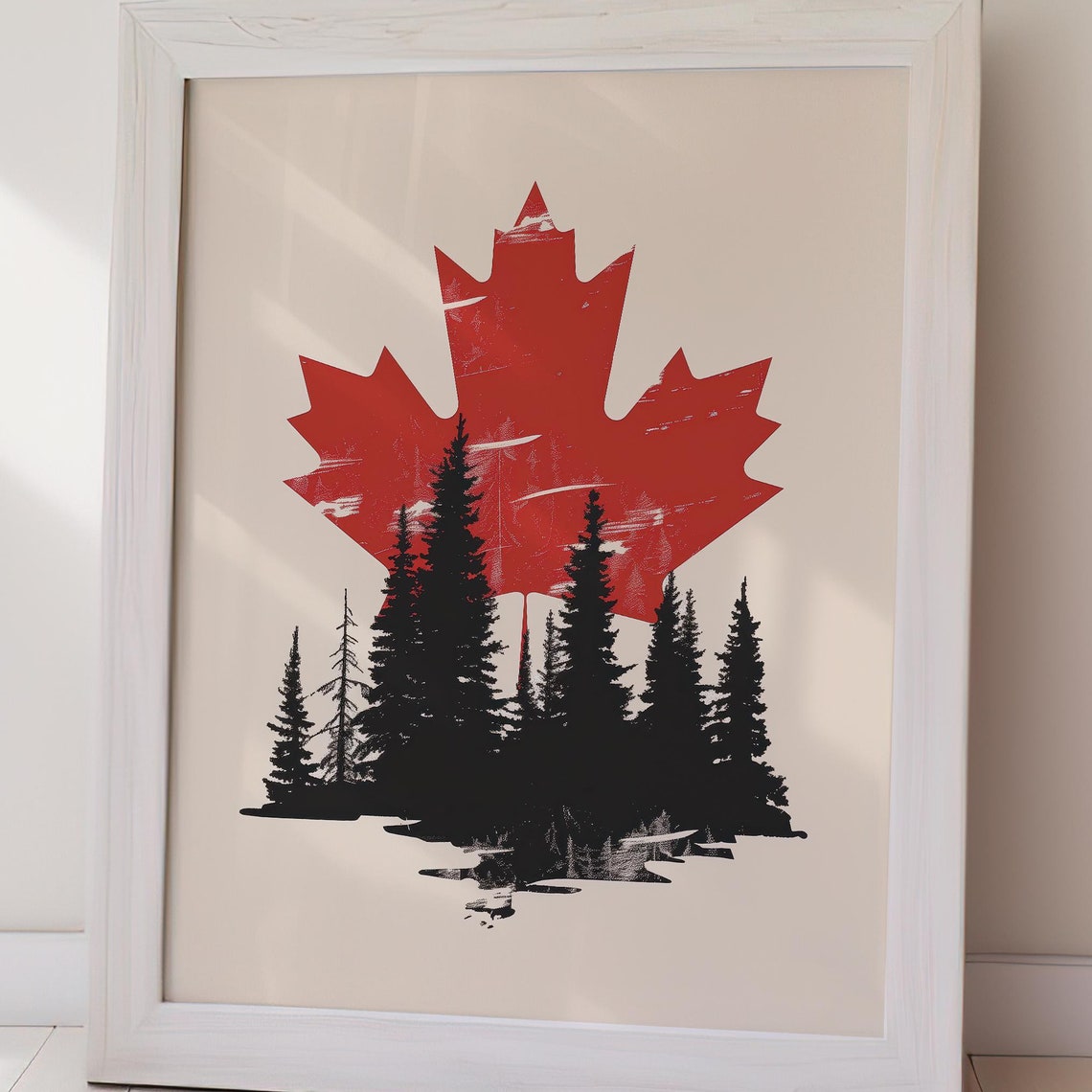 Canada Red Maple Leaf Pine Forest Silhouette Nature Wall Art - Image 2