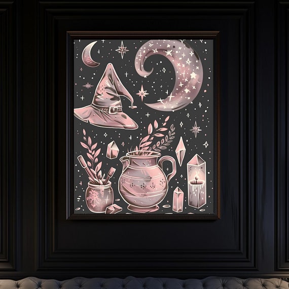 Mystical Witchy Elements Art Magical Moon Crystals Witch Hat Illustration Boho Witch Decor