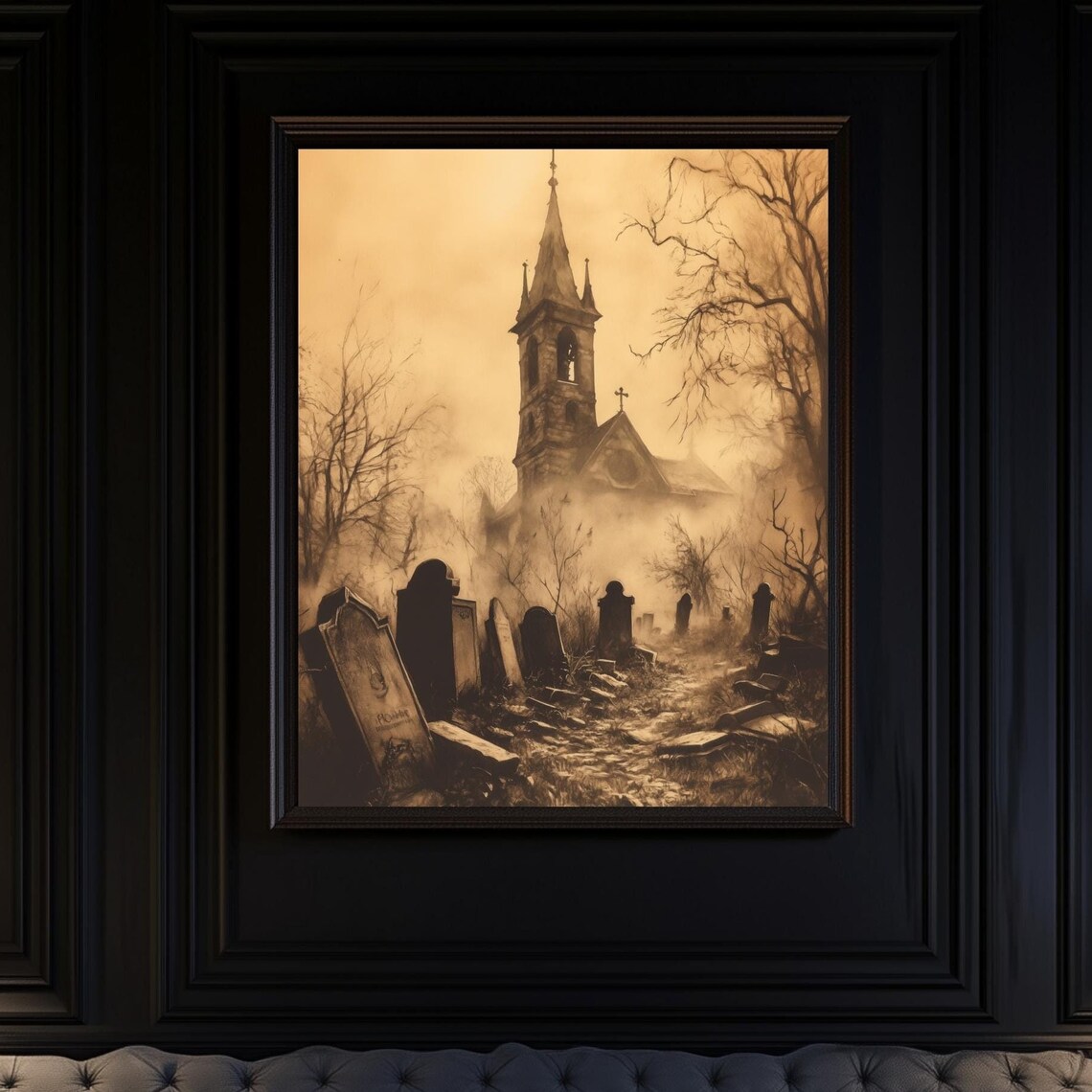 Sepia Haunted Churchyard With Old Gravestones And Chapel Poster