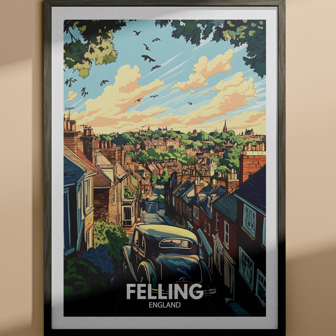 Felling England Terraced Streets Vintage Car Sunset Travel Art Poster