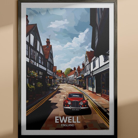 Ewell England Tudor Street Vintage Red Car Town Travel Poster