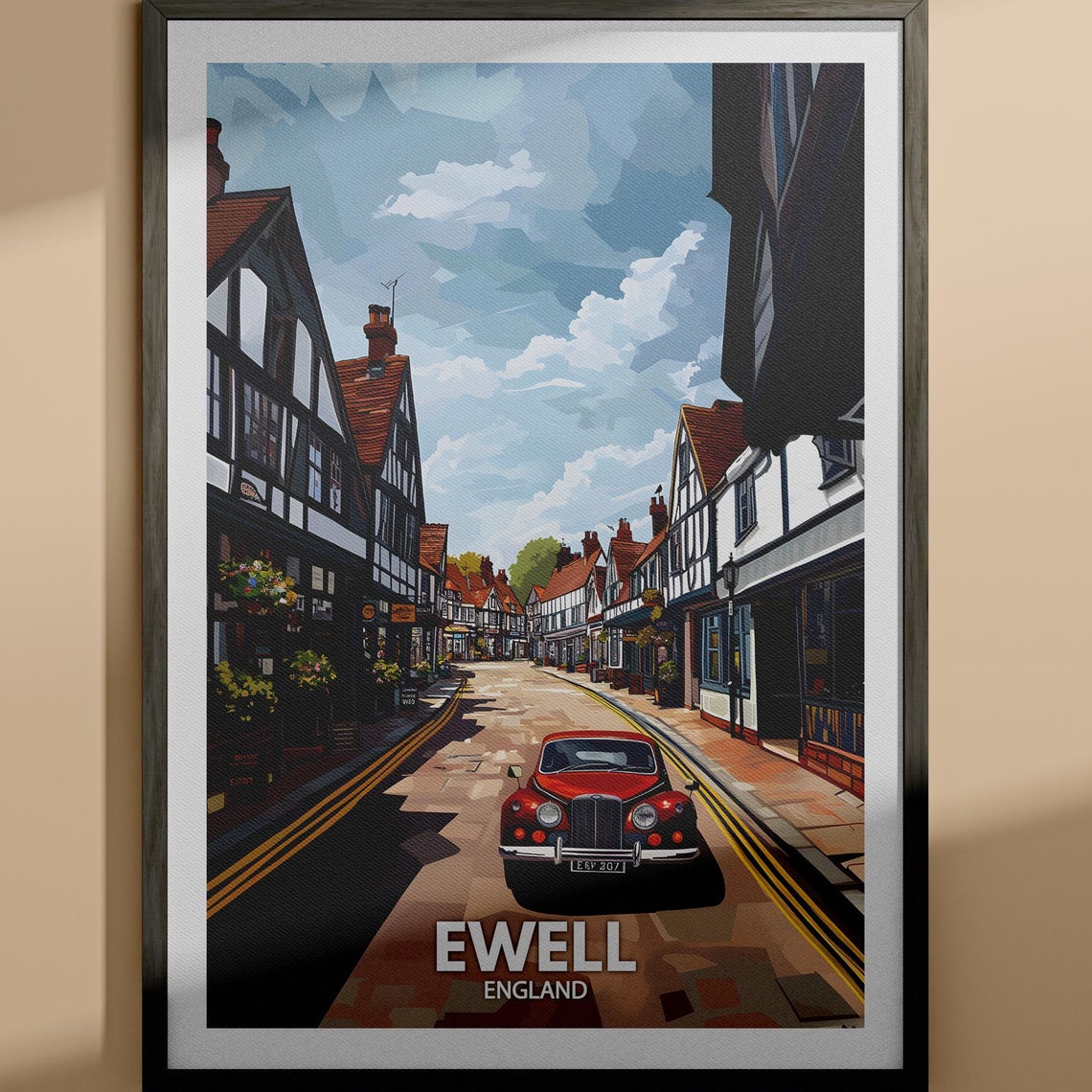 Ewell England Tudor Street Vintage Red Car Town Travel Poster