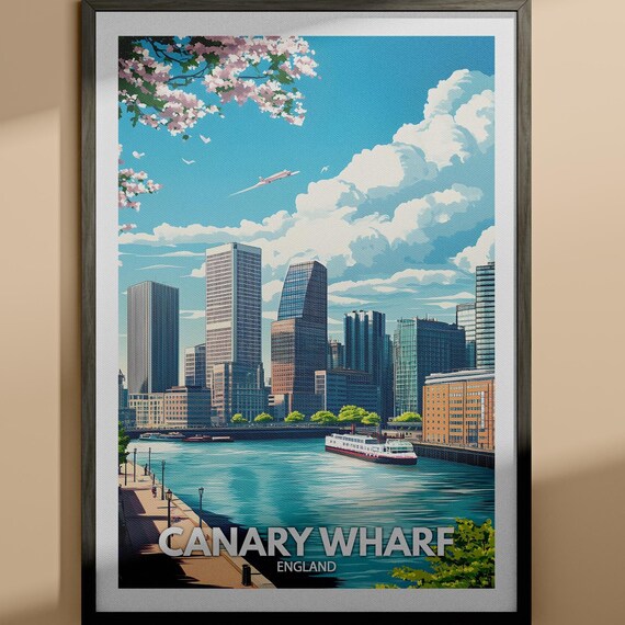 Canary Wharf England London Skyline River Spring Travel Poster