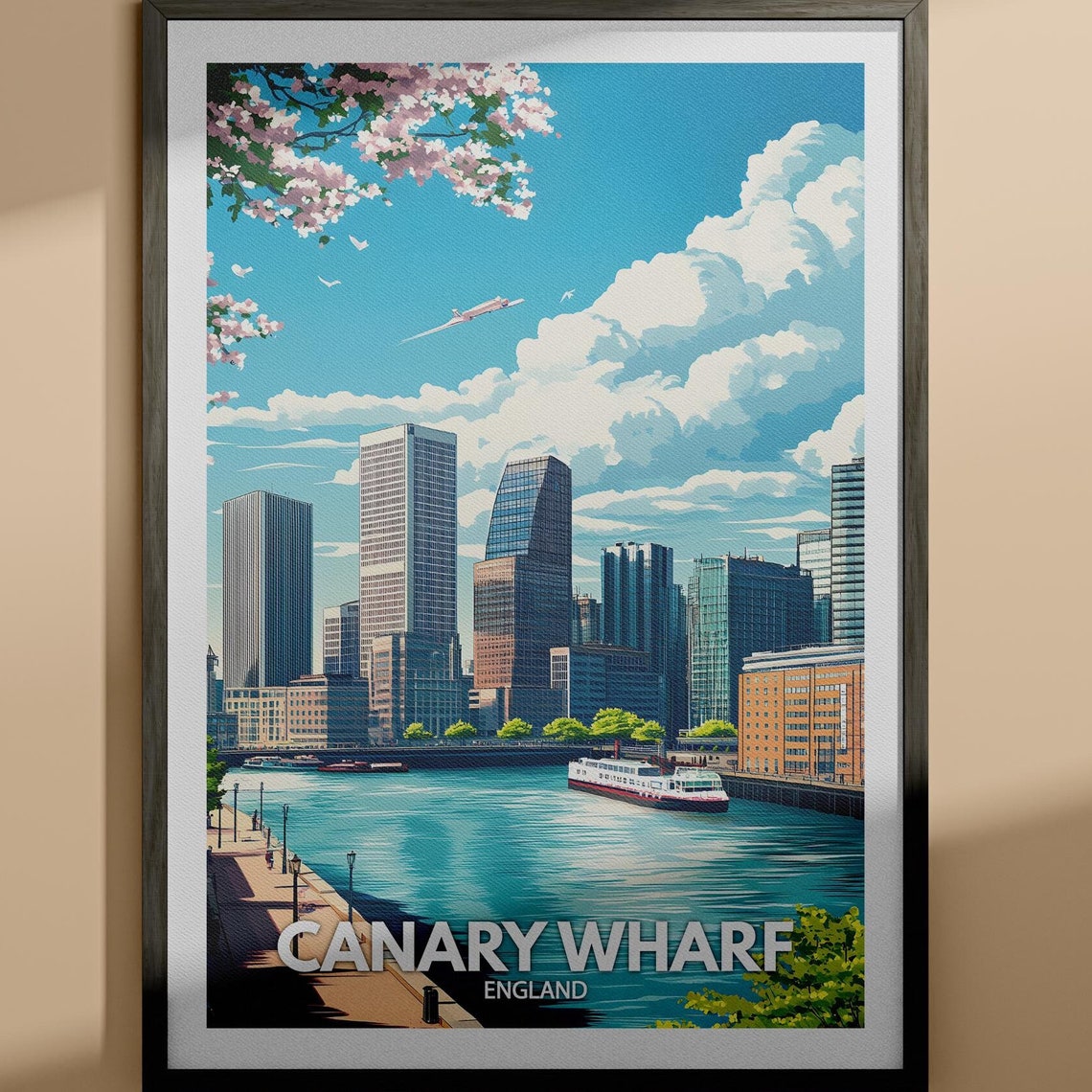 Canary Wharf England London Skyline River Spring Travel Poster