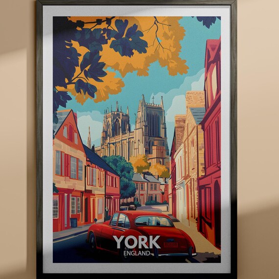 York England Vintage Red Car Street Minster View Travel Poster
