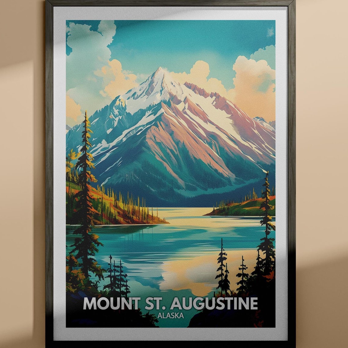 Mount St Augustine Alaska Vintage Travel Poster Snowy Peak View