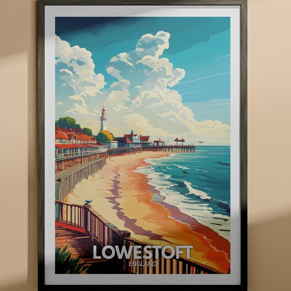 Lowestoft England Vintage Beach Lighthouse Pier Travel Poster