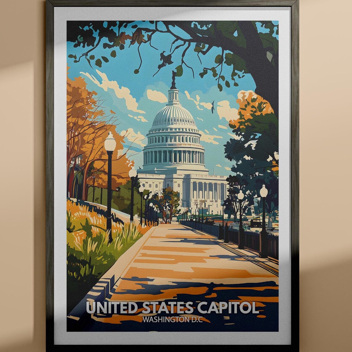 United States Capitol Grand Washington DC Dome Autumn Travel Poster