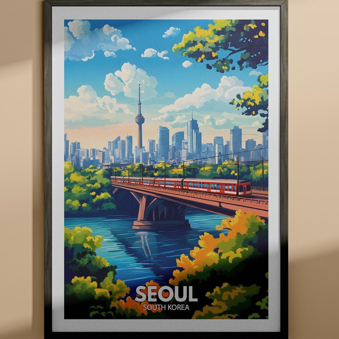 Seoul South Korea Tower Train River Bridge Vintage Travel Poster