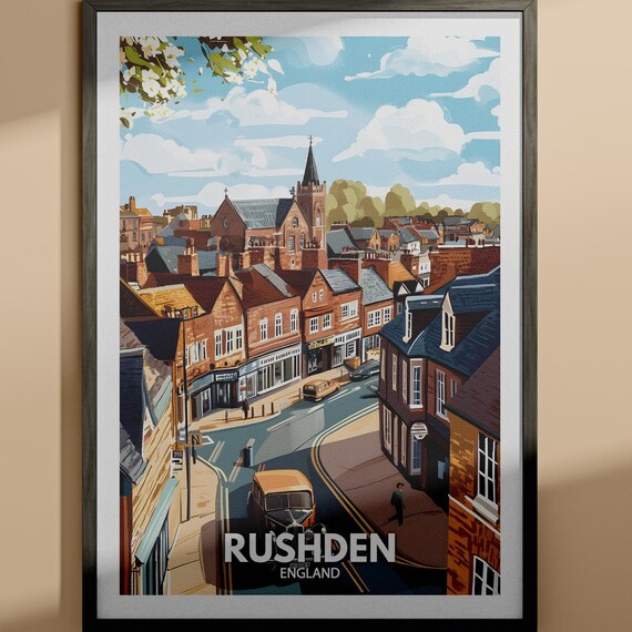 Rushden England Vintage Travel Poster Market Town Street Scene