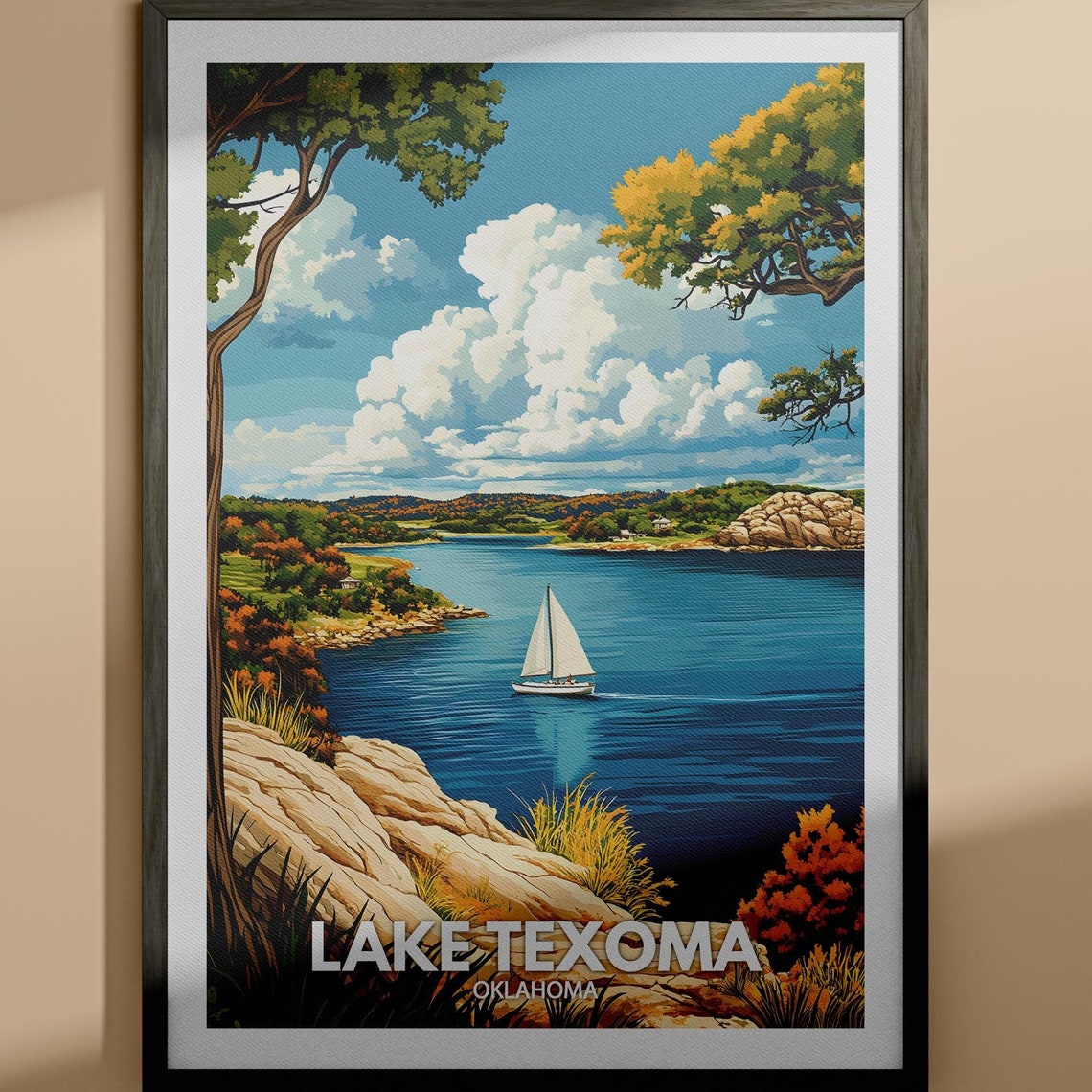 Lake Texoma Oklahoma Sailboat Rocky Shore Vintage Travel Poster