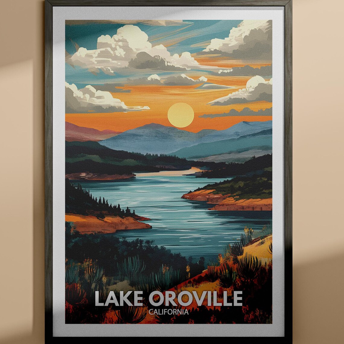 Lake Oroville California Sunset Over Water Golden Travel Poster