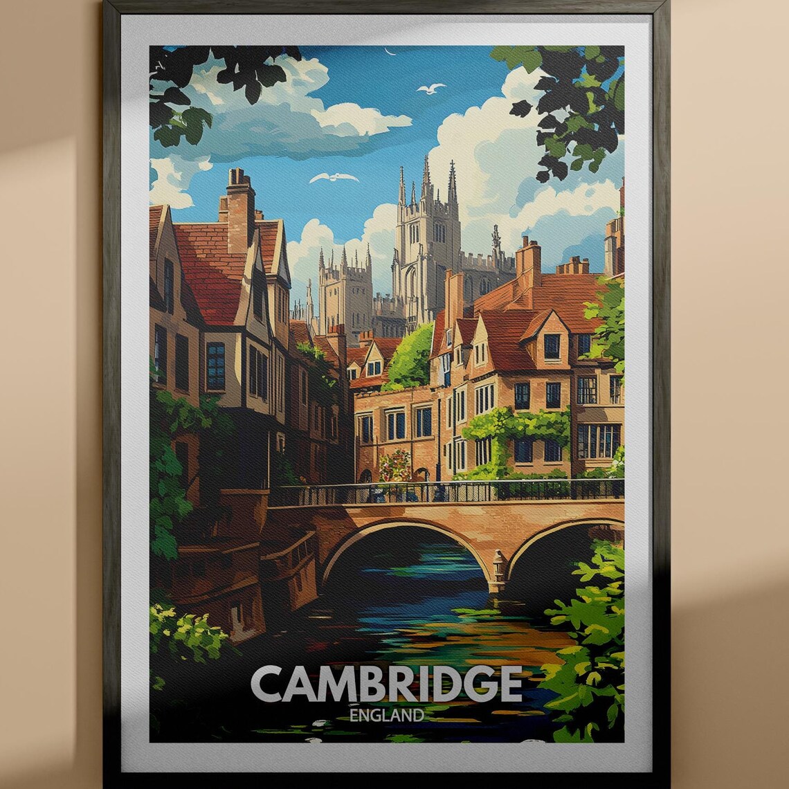 Cambridge England River Bridge College Spires Vintage Travel Poster