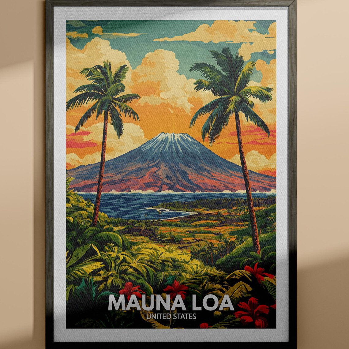 Mauna Loa Hawaii Volcano Palm Tree Coast Tropical Travel Poster