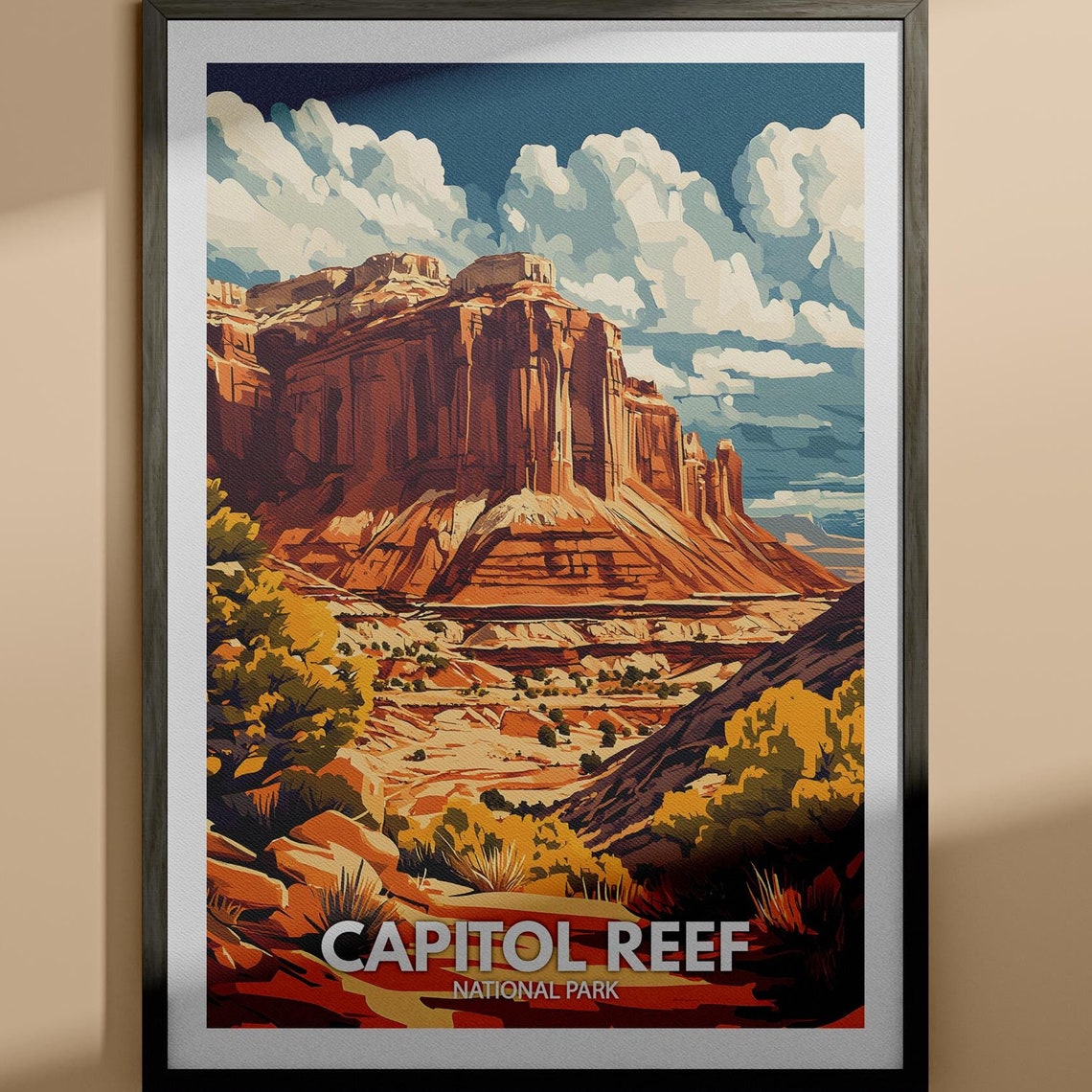 Capitol Reef National Park Utah Red Rock Cliffs Illustration Poster