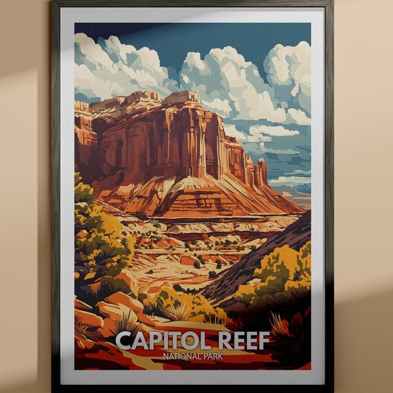 Capitol Reef National Park Utah Red Rock Cliffs Illustration Poster