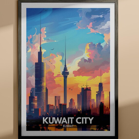 Kuwait City Kuwait Sunset Skyline Towers Gulf Modern Travel Poster