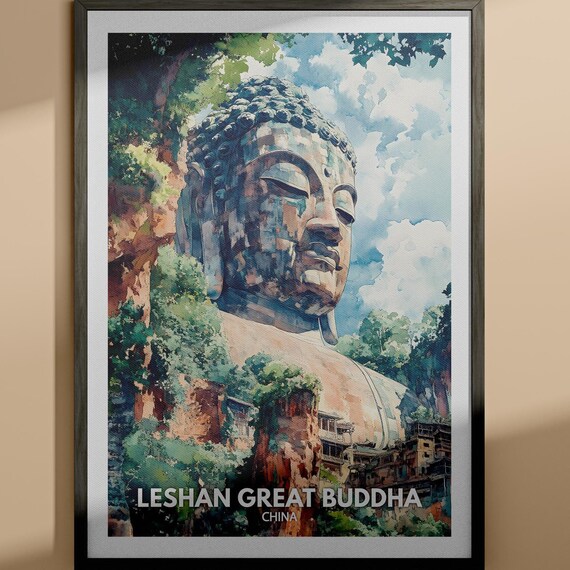 Leshan Great Buddha China Giant Stone Buddha Face Watercolor Poster