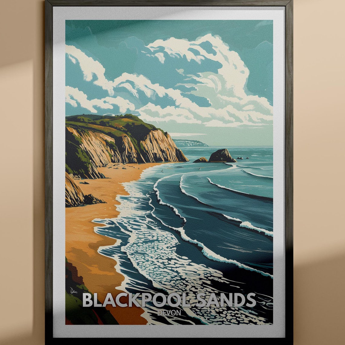 Blackpool Sands Devon Cliff Beach Foaming Surf Travel Poster