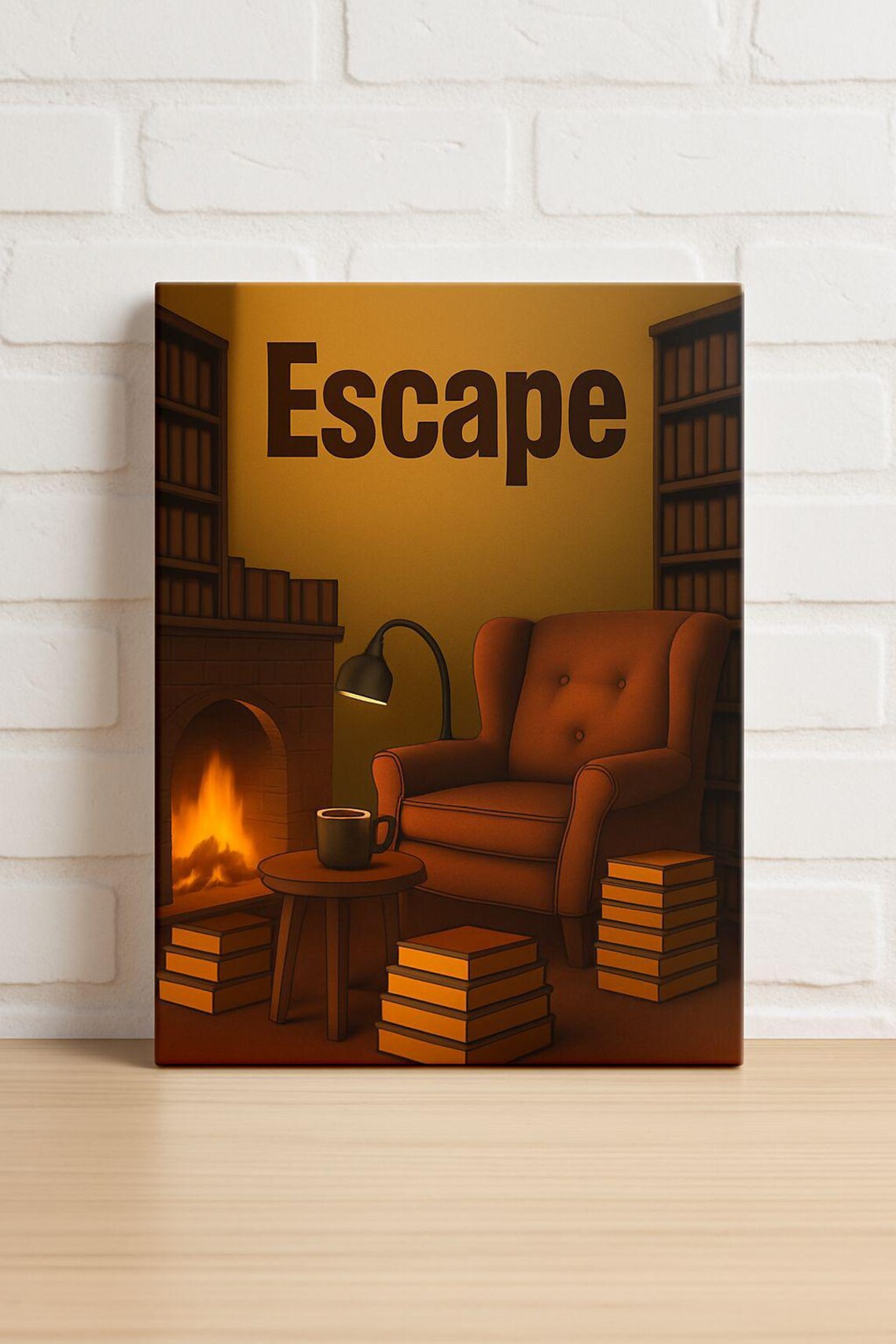 Escape Cozy Reading Nook Fireplace Armchair Books Warm Poster