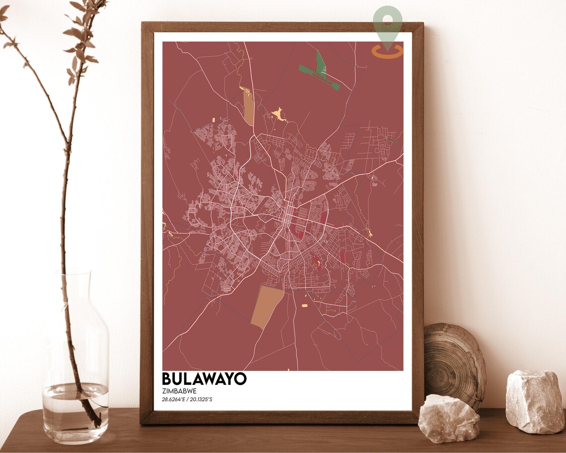 Bulawayo Zimbabwe City Map Art Poster Navy Magenta Modern Decor - Image 4