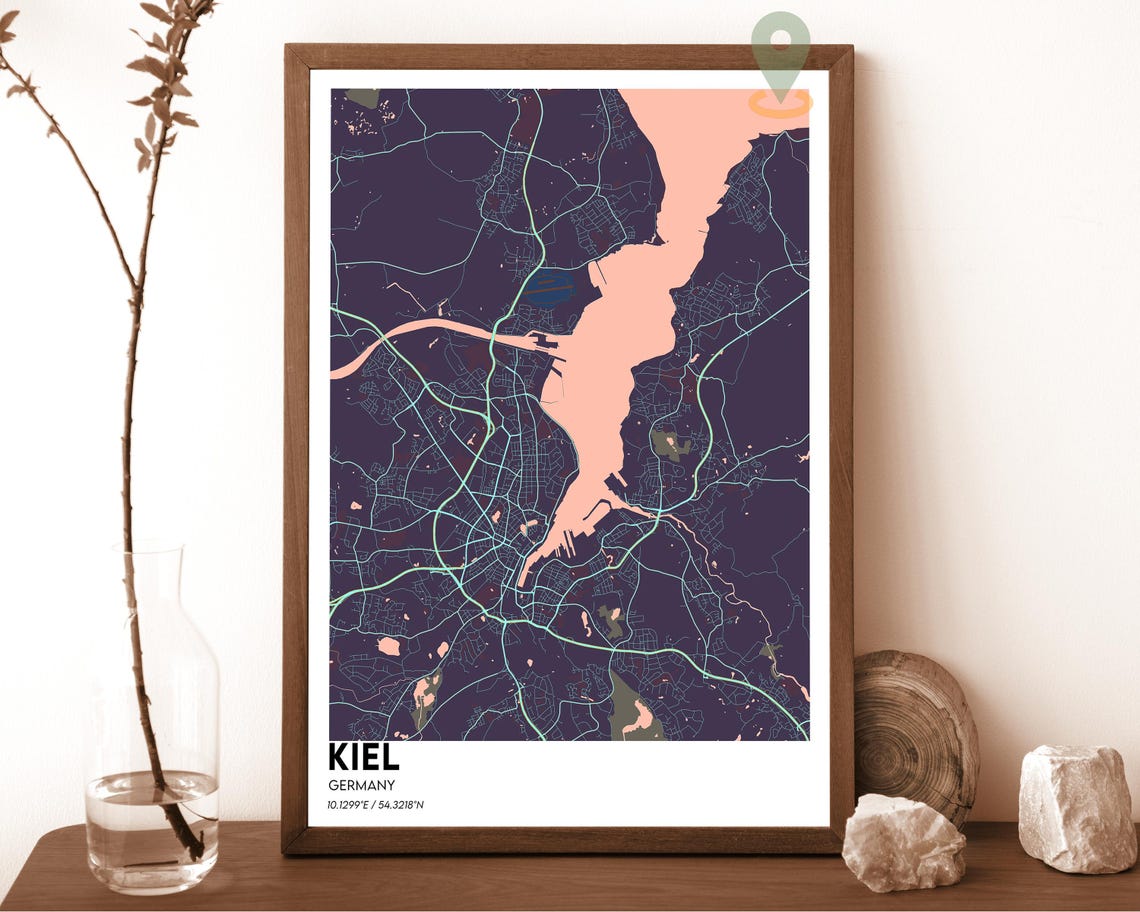 Kiel Germany Teal Fjord Orange Modern Minimalist City Map Wall Art - Image 5