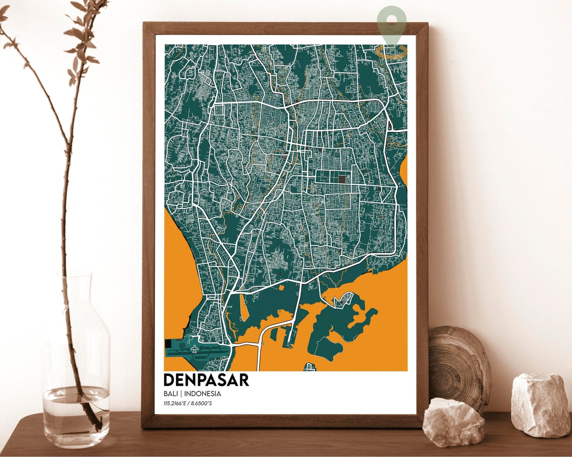 Denpasar Bali Indonesia Navy Yellow Coastal City Map Art Poster - Image 5