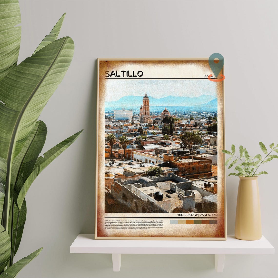 Saltillo Mexico Colonial Cathedral Rooftops City Travel Poster - Image 4