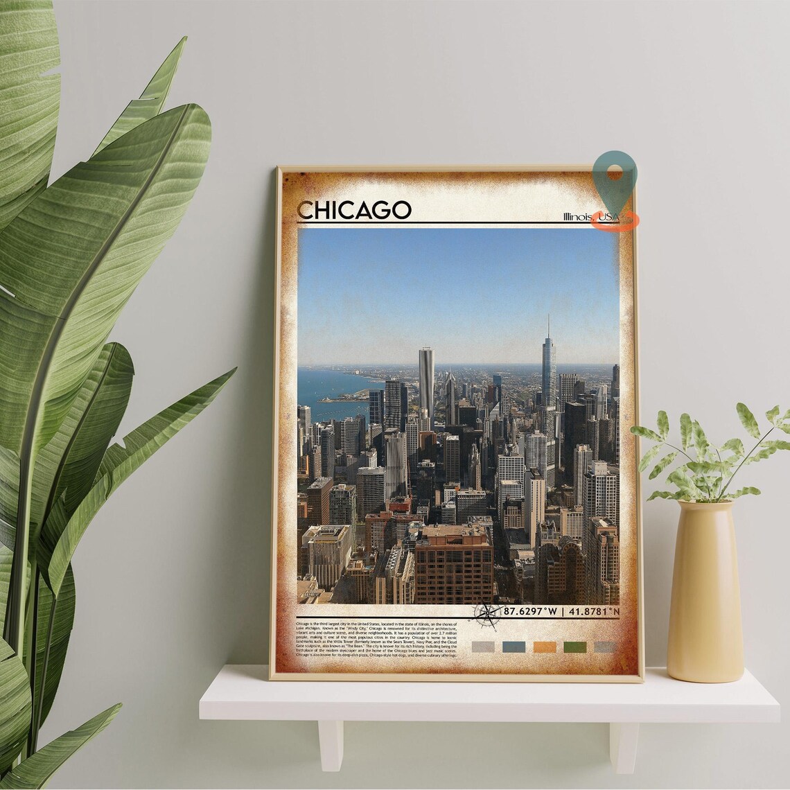 Chicago Illinois Lake Michigan Skyline Aerial Vintage Travel Poster - Image 3