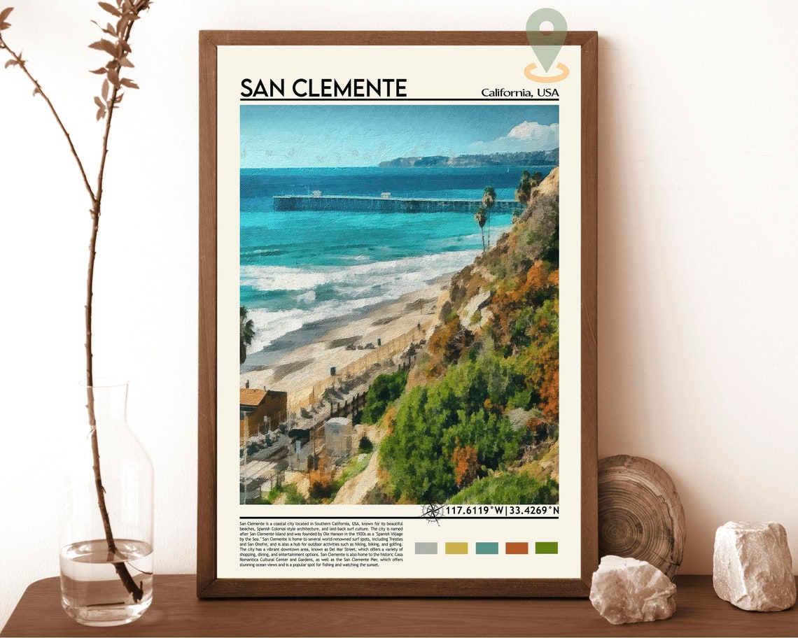 San Clemente California Pier Beach Cliffs Coastal Surf Poster