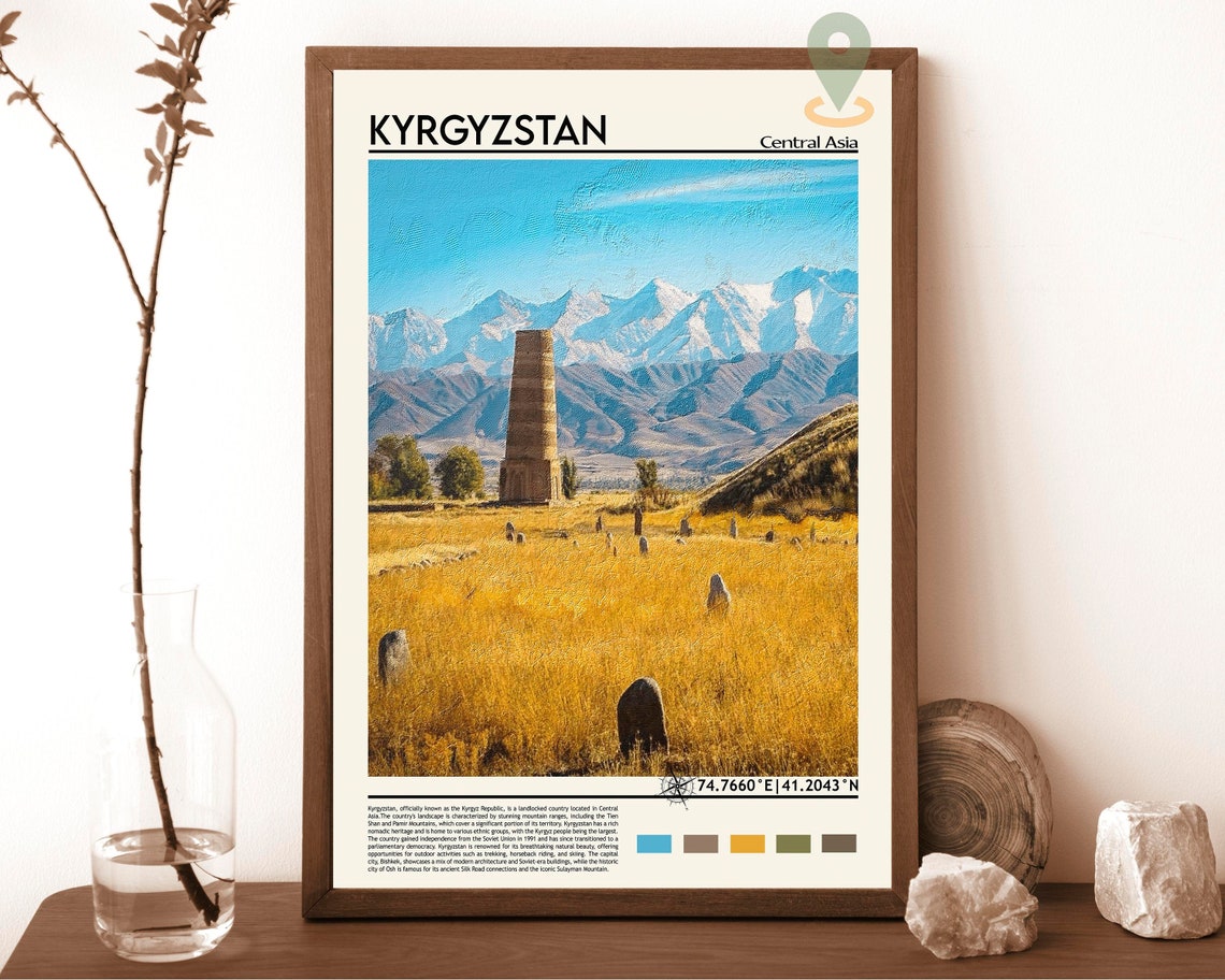 Kyrgyzstan Burana Tower Snowy Peaks Golden Meadow Field Poster