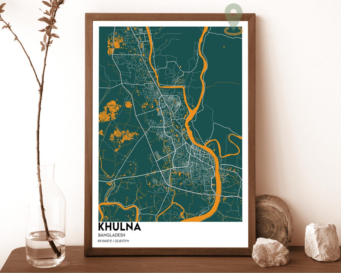 Khulna Bangladesh Dark Teal River Minimalist City Map Wall Art - Image 4