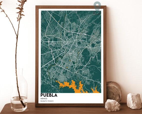 Puebla Mexico Teal Orange Minimalist City Map Home Decor Poster Art